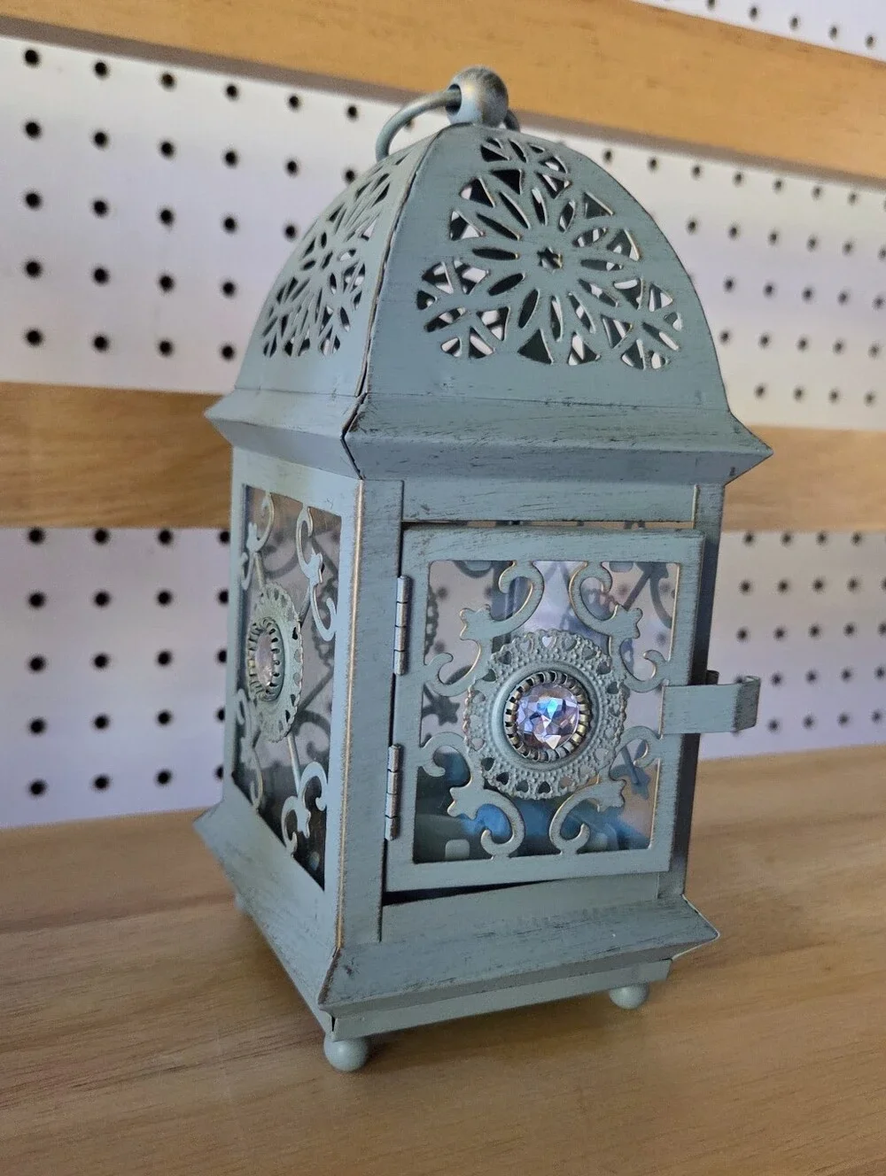 Decorative Blue Distressed Metal Lantern with Jewel Accents